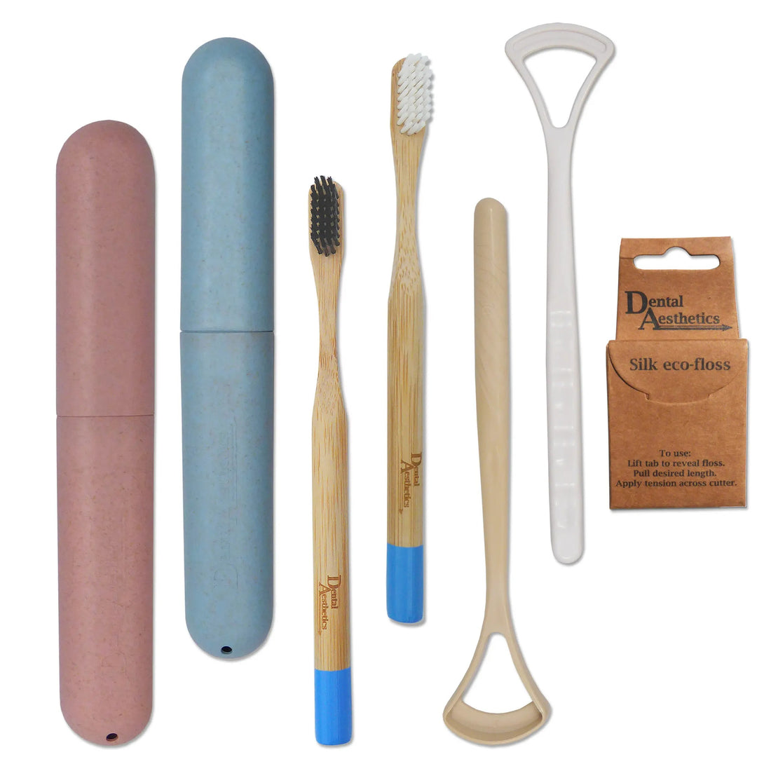 Eco Dental Set ~ 2 Bamboo Toothbrush, 2 Wheat Straw Case Blue & Pink