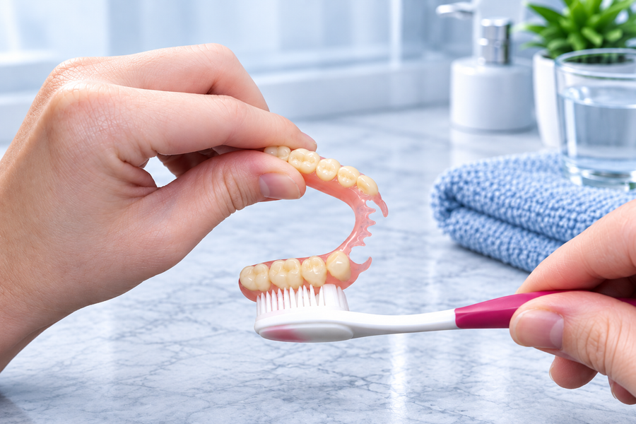 Cleaning a Valplast flexible denture with a silicone-bristle brush