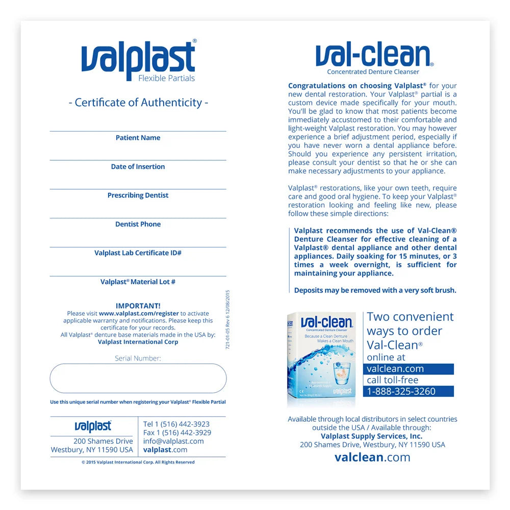 Valplast Certificate of Authenticity