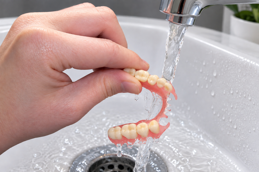 Rinsing a Valplast flexible denture under running water