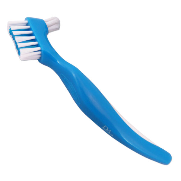 Blue plastic denture brush, dual head. Firm bristles.