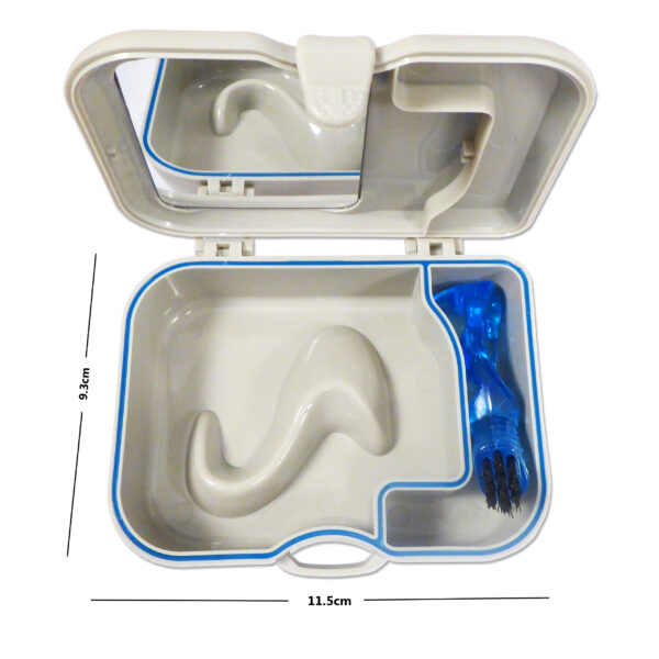 Denture Storage Travel Case with mirror and small brush.