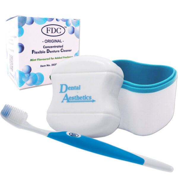 Original FDC flexible denture cleaner, dental bath and silicone bristled toothbrush blue