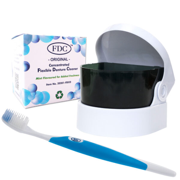 Original FDC flexible denture cleaner, sonic dental bath and silicone bristled toothbrush blue