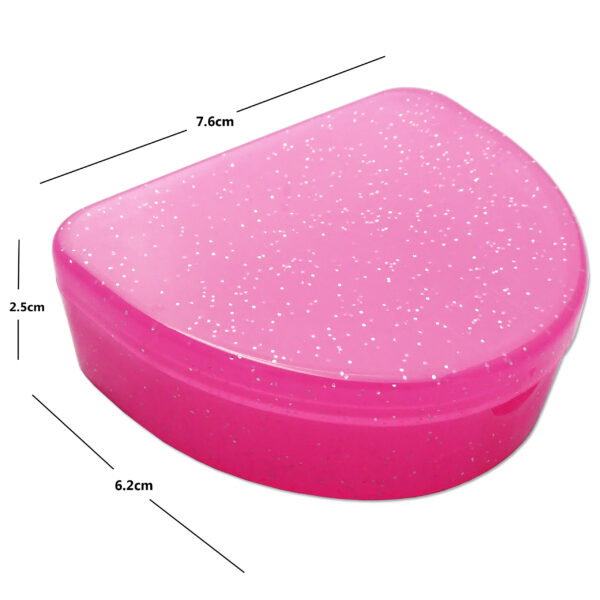 Slim glitter pink retainer case with dimensions