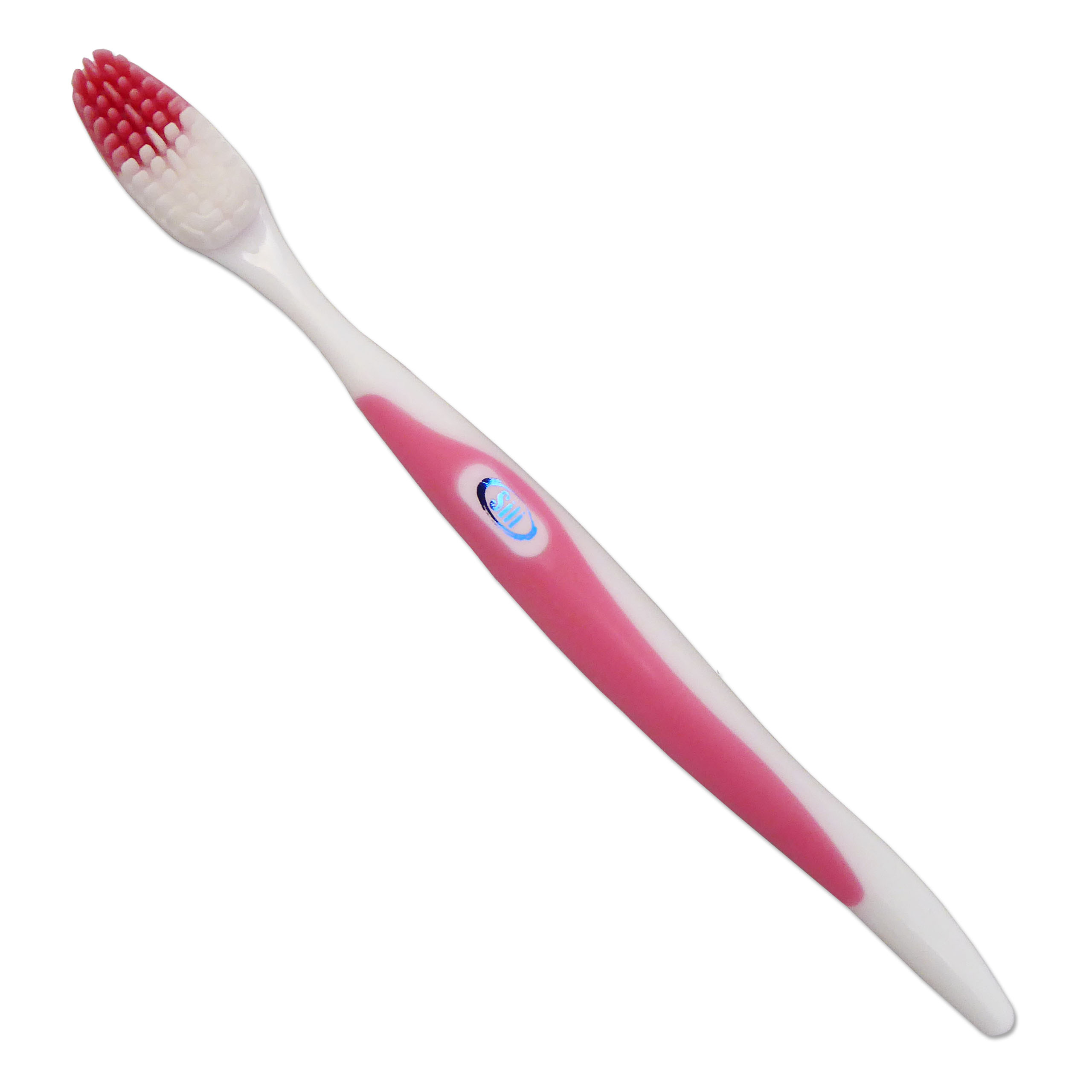 Pink silicone bristled toothbrush