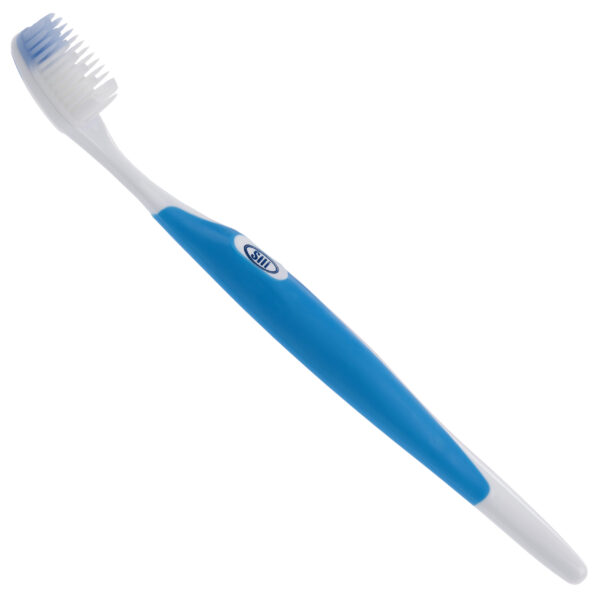 Silicone bristled toothbrush. Blue handle.