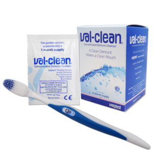 Val clean denture cleaning powder in sachets and silicone bristled toothbrush