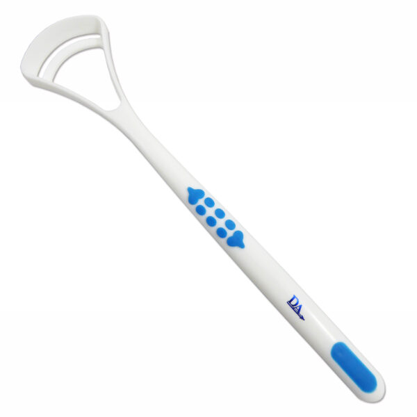 White Plastic Tongue Scraper with Blue Grip