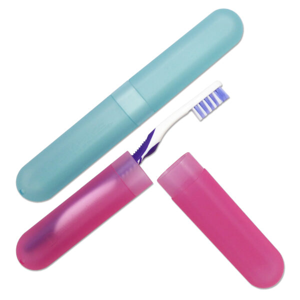Two manual toothbrush cases, plastic. Pink and Blue.