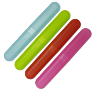 Blue, Green, Orange and Pink toothbrush cases.