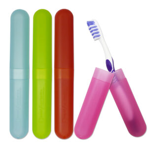 Four plastic toothbrush cases in bright colours.