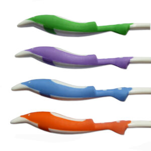 Close up of Dolphin design on children's toothbrush handle in four bright colours.