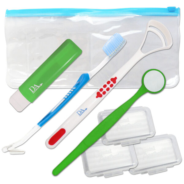 Brace care kit containing travel bag, travel toothbrush, double end v trim brush, tongue cleaner, dental mirror and orthodontic wax.