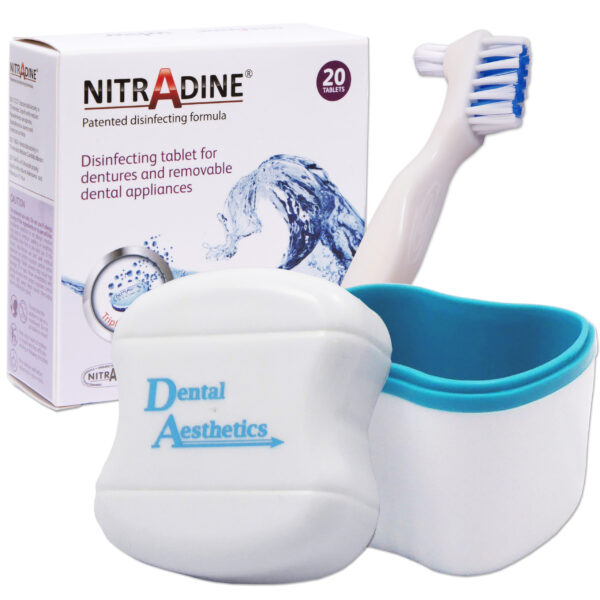 Nitradine cleaning tablets, denture bath and denture brush
