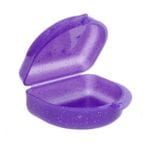 Glitter Purple plastic retainer case with a hinged snap-close lid and ventilation holes, for storing retainers, mouthguards, or aligners.