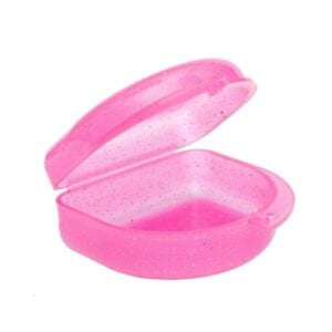Glitter Pink plastic retainer case with a hinged snap-close lid and ventilation holes, for storing retainers, mouthguards, or aligners.