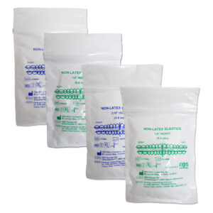 Non latex orthodontic elastics, for use with fixed braces.