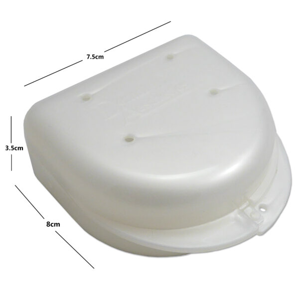 Deep white retainer case showing dimensions