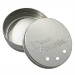 Silver metal retainer case with a screw-top lid and embossed Dental Aesthetics logo, for keeping retainers clean and protected.