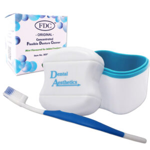 Flexible denture cleaner, dental bath and silicone bristled toothbrush