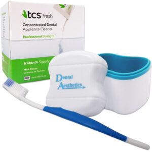 TCS denture cleaner sachets, dental bath and silicone bristled toothbrush