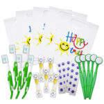 Children’s Yellow bulk pack of ‘Happy Teeth’ dental gift sets including toothbrush, 2-minute timer, dental mirror, disclosing tablets and colourful gift bag.