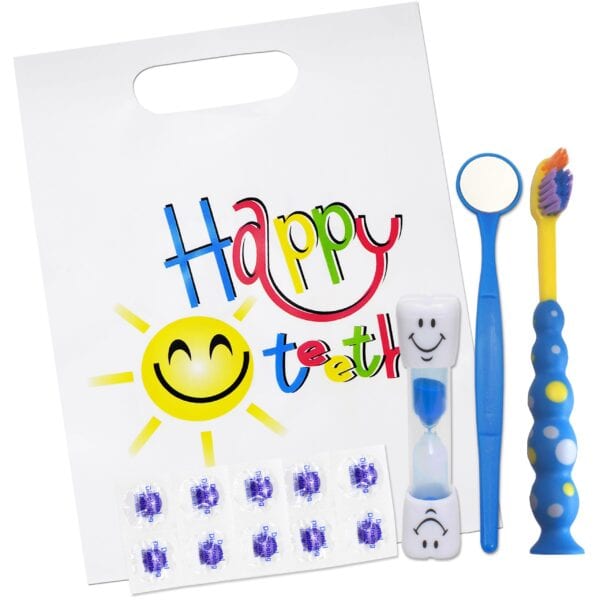 Happy Teeth Blue Gift Set for Children with Toothbrush Disclosing Tablets Mirror and Timer