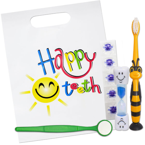 Children's dental set, timer, toothbrush, mirror and disclosing tablets.