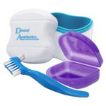 Denture cleaning kit with bath, retainer case and cleaning brush