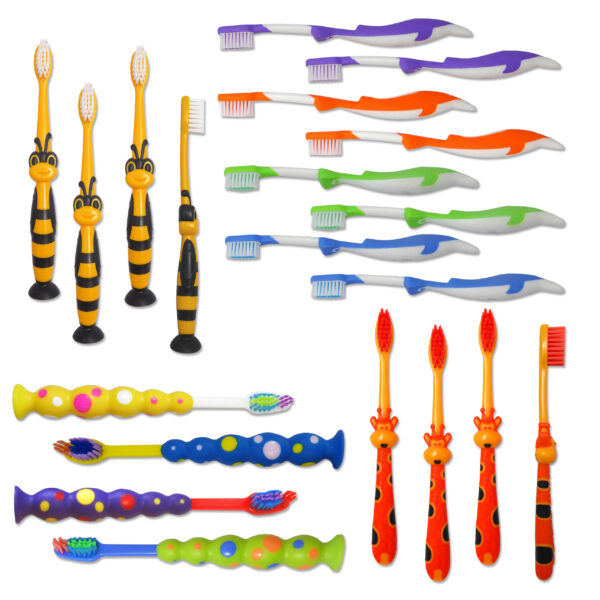 Children's manual toothbrushes, mixed selection. Dolphins, Bumblebee, Giraffe and Sucker base.