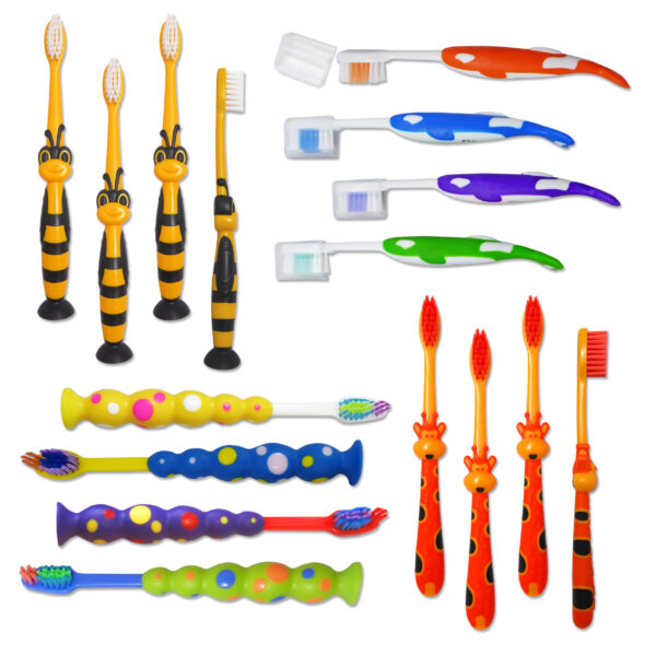 Mixed children's toothbrushes. Bumblebee, orca, giraffe and sucker.