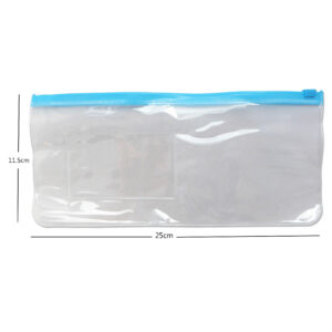 Clear plastic travel bag with blue zipper.