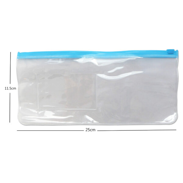 Clear plastic travel bag with blue zipper.
