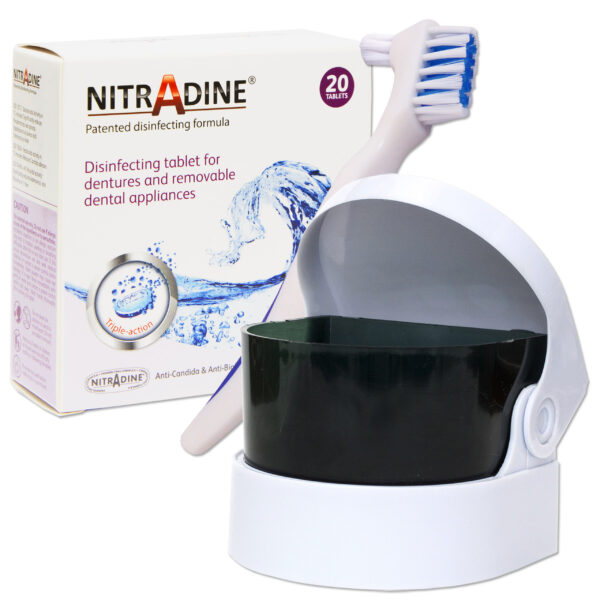 Nitradine Tablets, Sonic Cleaner and Denture Brush White