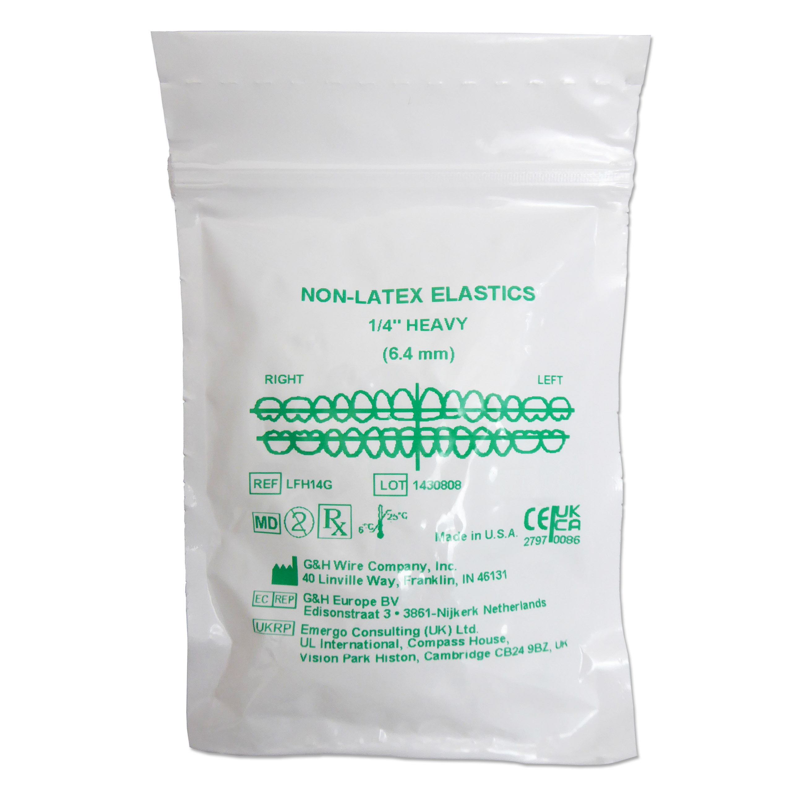 Latex free orthodontic elastics, for use with fixed braces. Size 1/4 of an inch, 6.5oz.