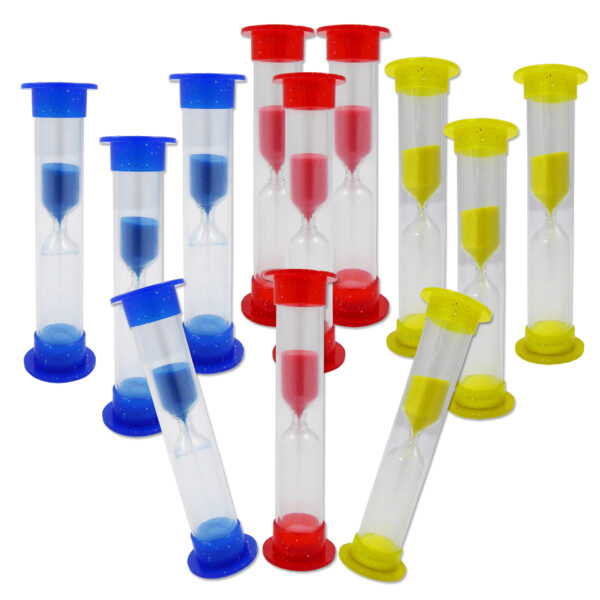 Glitter toothbrush timers. Red, Blue and Yellow