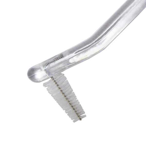 Close up of interdental brush end. Double env V trim toothbrush.