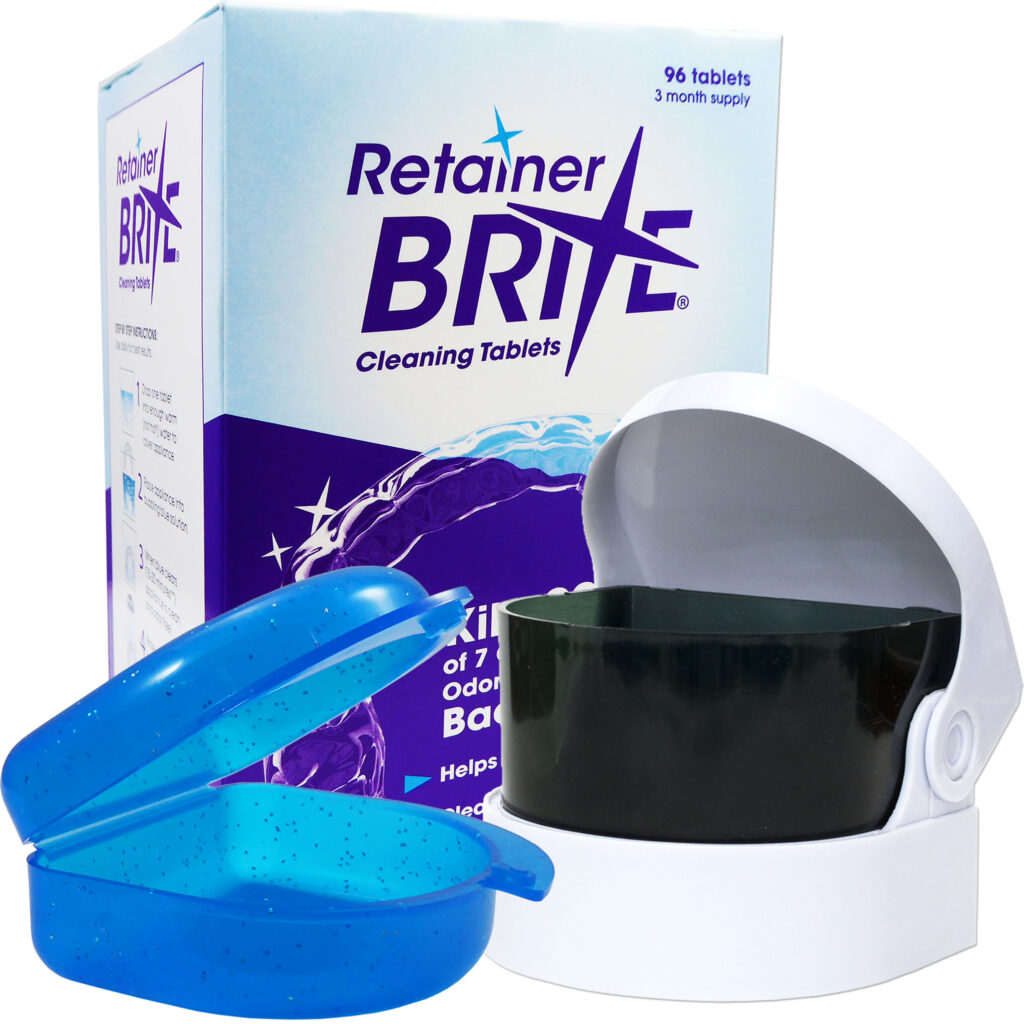 Retainer Brite 96 Tablets, Sonic Cleaner & Glitter Blue Retainer Case