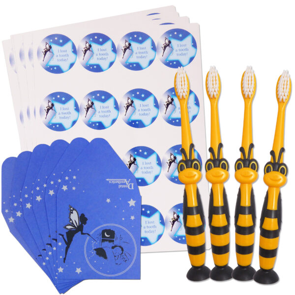 Blue Tooth Fairy Bulk Set. Fairy Envelopes, Stickers and bumblebee toothbrushes for children.