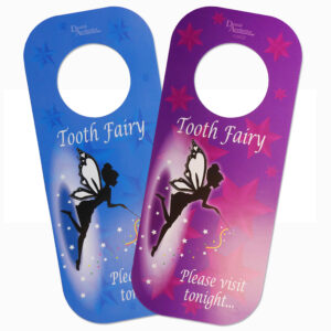 Two children’s Tooth Fairy door hangers printed on card to hang on a bedroom door for a lost tooth, Blue and Purple.