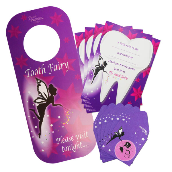 Tooth Fairy Gift Set. Fairy Door Hanger, Certificates and Envelopes Purple