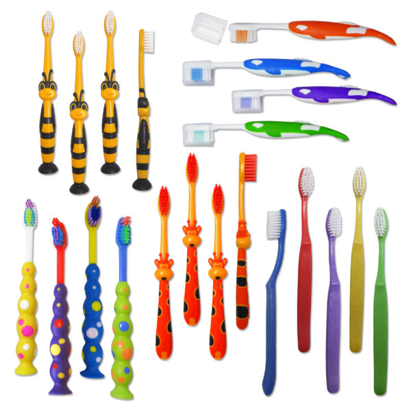 Children's mixed toothbrushes, Orca, Bumblebee, Giraffe, Sucker and Rainbow.