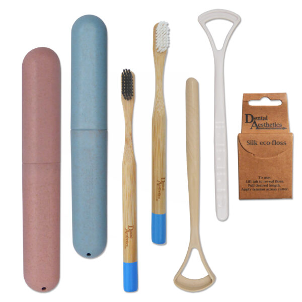 Eco dental set, toothbrush cases, bamboo toothbrushes, cornstarch tongue scrapers and silk eco floss