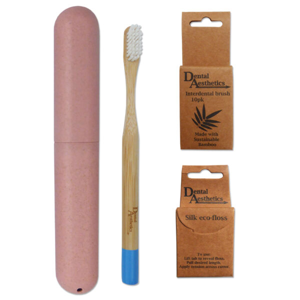 Wheat straw toothbrush case, bamboo toothbrush, silk floss and bamboo interdentals.