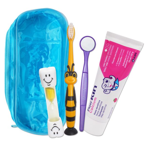 Children's Travel Kit. Bag, dental mirror, timer, toothbrush and kin toothpaste.