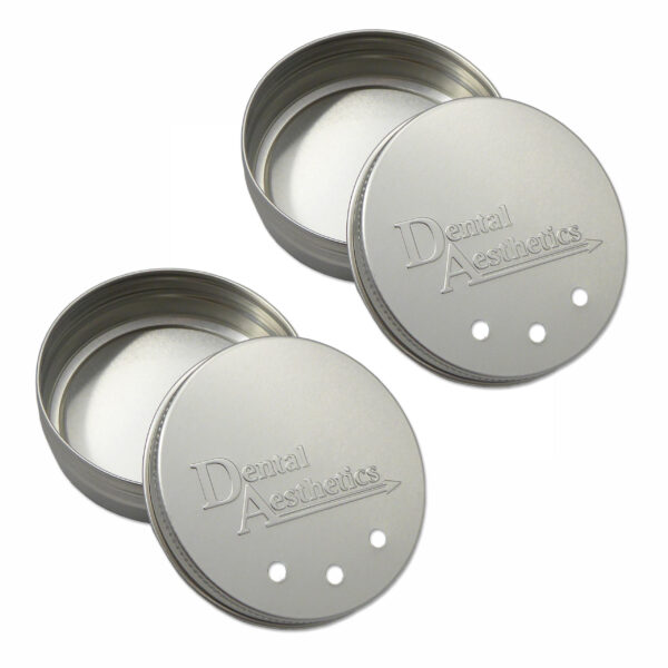 Metal retainer cases with ventilation holes in lid.