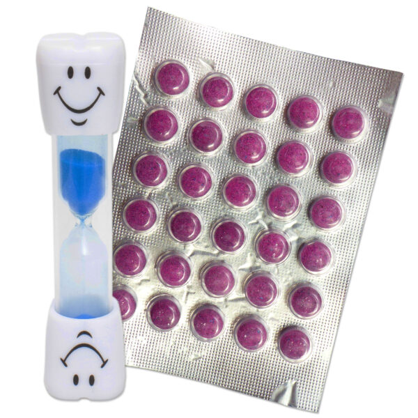 Smile toothbrush timer with Blue sand and 30 dental disclosing tablets