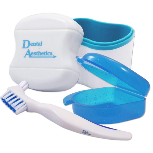 Dental bath, glitter blue retainer case and denture brush