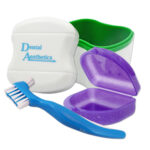 Dental bath, glitter purple retainer case and denture brush